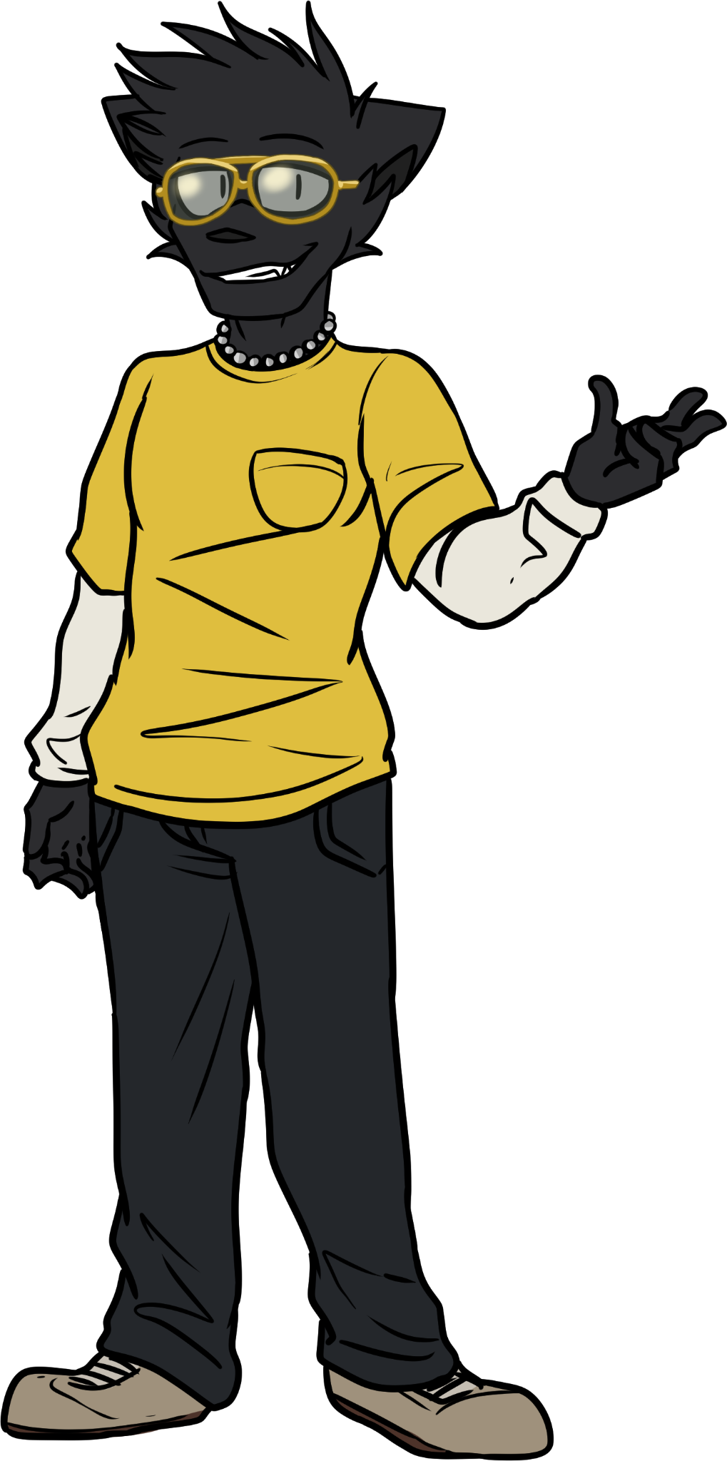 My OC Marcello, wearing gold glasses and a yellow shirt.