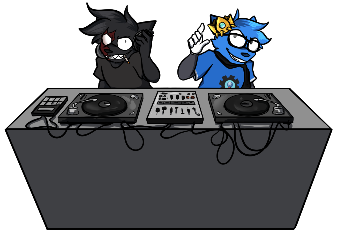 My OCs, Magolor (blue) and Grover (black), DJing together behind a pair of turntables.